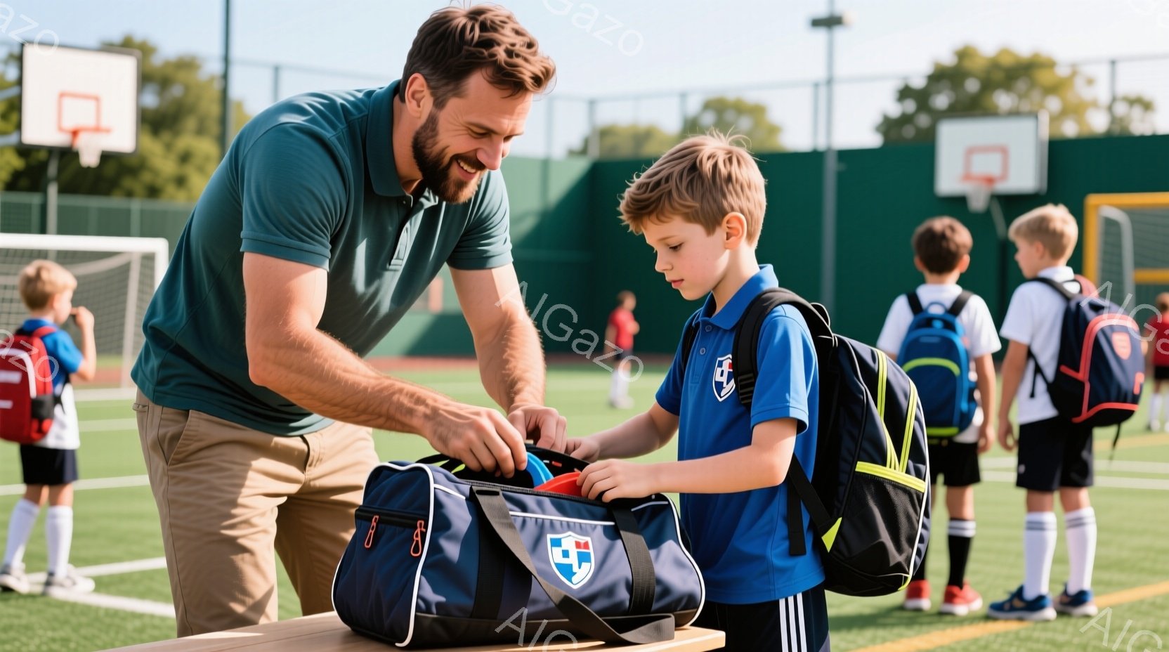 少年は、青いユニフォームと黒いバックパックを身に着けて、大きな黒と赤のスポーツバッグの中身を探っています。大人の男性は、茶色のズボンと緑色のポロシャツを着て、微笑みながら少年のバッグを助けています。背 - AI生成フリー素材