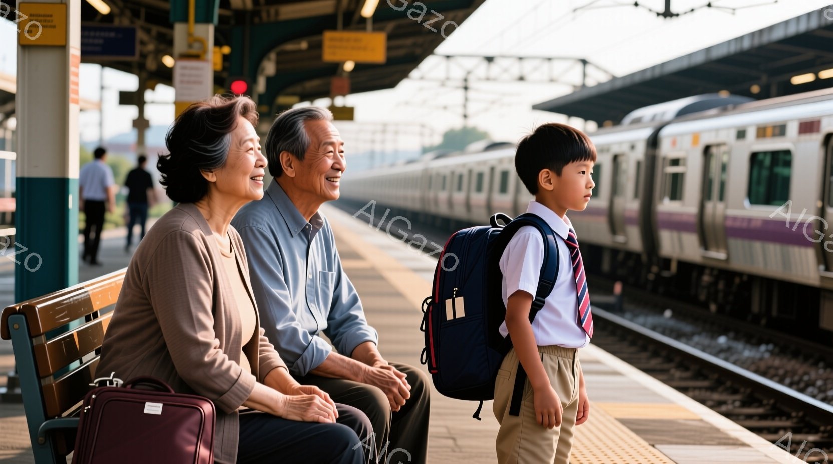 プラットフォームに座っている高齢の夫婦と、彼らの隣に立つ少年が写っています。少年は制服を着てリュックサックを背負っており、遠くを見つめています。背景には線路と電車、そして緑豊かな風景が広がり、穏やかで - AI生成フリー素材