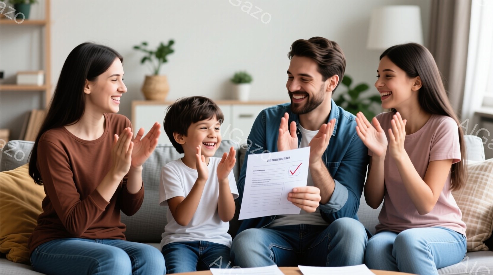 家族がリビングルームで喜びの表情で拍手しています。母親と父親はカジュアルな服装で、娘は白いTシャツを着ています。背景には植物や家具があり、暖かく家庭的な雰囲気が漂っています。