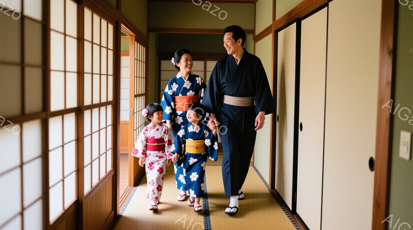 家族が和室の廊下を歩いている様子が写っている。母親と娘たちは可愛らしい花柄の着物を着ており、父親は濃い藍色の着物を着ている。皆、笑顔で、母親は娘たちと手をつないでいる。 - AI生成フリー素材