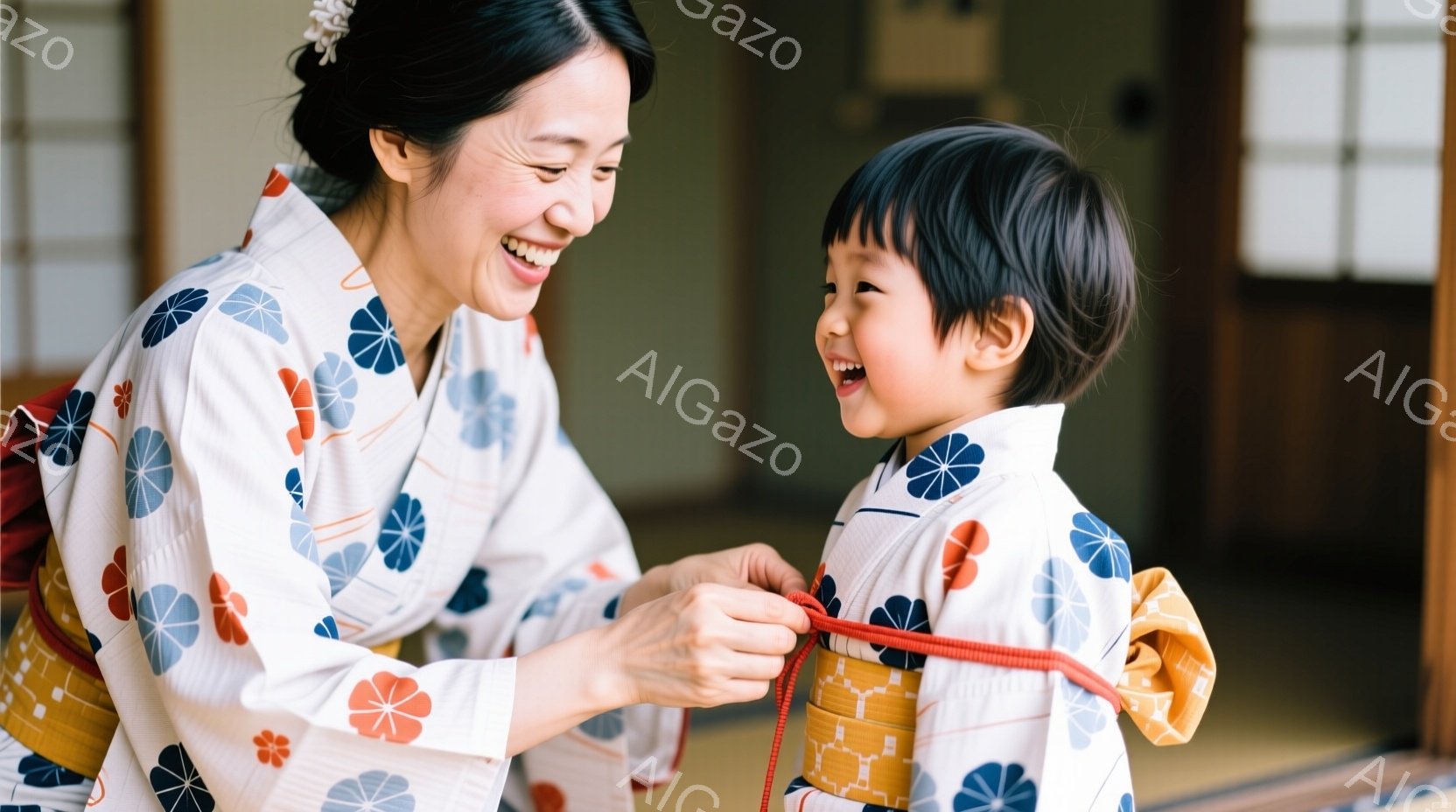 母親が幼い子供に赤い紐を結んであげています。二人は共に白地に水色とオレンジの可愛らしい花柄の着物を着ており、母親は微笑んで子供を見て、子供も嬉しそうに笑っています。背景には木製の柱と襖が見え、落ち着い - AI生成フリー素材