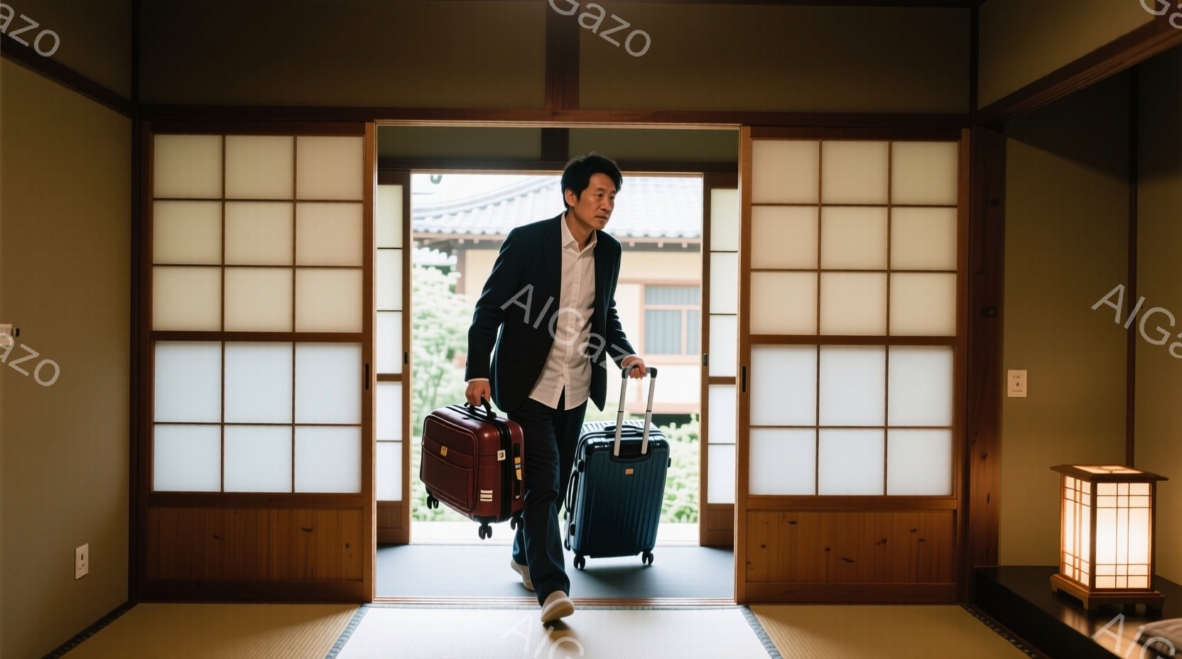 一人の男性が、大きな旅行鞄とハンドバッグを持って、畳の部屋から出ようとしているところです。彼は紺色のジャケットと白いシャツを着ており、黒髪を短く整えています。背景には障子戸があり、庭の緑が見え、落ち着いた雰囲気です。