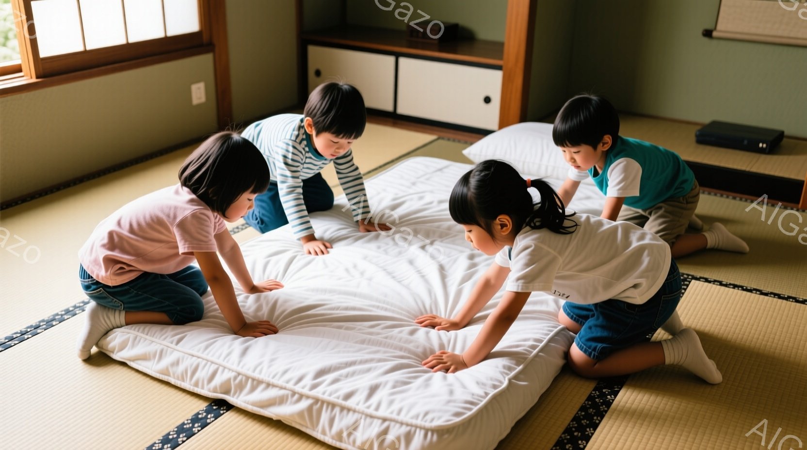 畳の上に白い布団を広げ、四人の子供たちが膝をついて集まっている。子供たちはそれぞれ異なる色の服を着ており、髪型もそれぞれ異なる。室内は明るく、暖かく、子供たちは楽しそうに何かをしようとしている雰囲気だ - AI生成フリー素材
