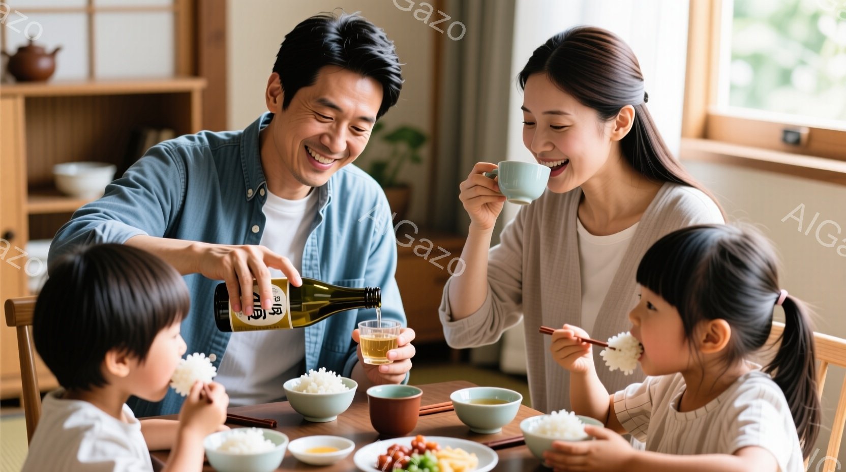 家族が食卓を囲んで夕食をとっています。父親は白いシャツにデニムジャケットを着て、日本酒を小さなグラスに注いでおり、笑顔を浮かべています。母親と二人の幼い娘たちは、白いお茶碗に入ったご飯や、おかずをフォークや箸で食べながら楽しそうにしています。