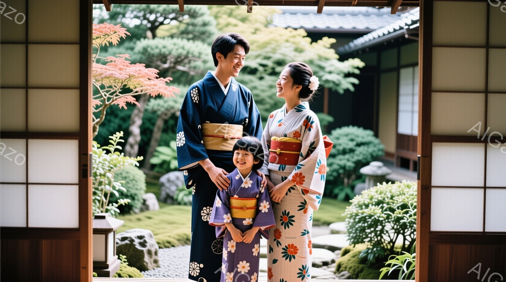 庭園の入り口で、着物を着た家族が微笑んでいます。父親は紺色の着物と黒の帯、母親は白い地にピンクとオレンジの花柄の着物、そして幼い娘は紺色とピンクの花柄の着物を着ています。背景には緑豊かな庭園が広がり、 - AI生成フリー素材