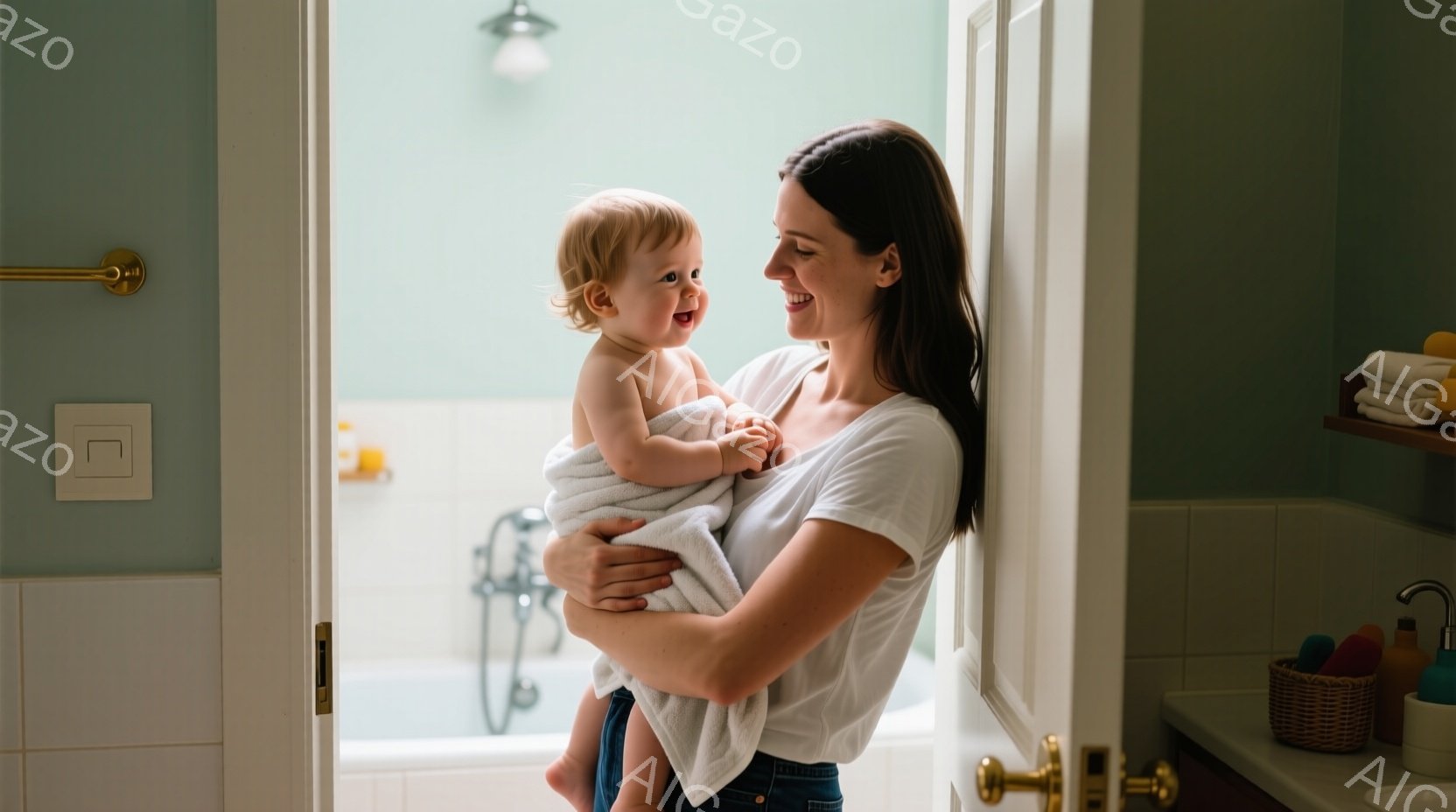浴室内で、母親がタオルで包まれた幼い子供を抱きかかえて微笑んでいます。母親は白いTシャツとジーンズを着ており、髪は後ろで束ねられています。背景には浴槽と洗面台があり、全体的に温かく、穏やかな家庭の雰囲気が漂っています。