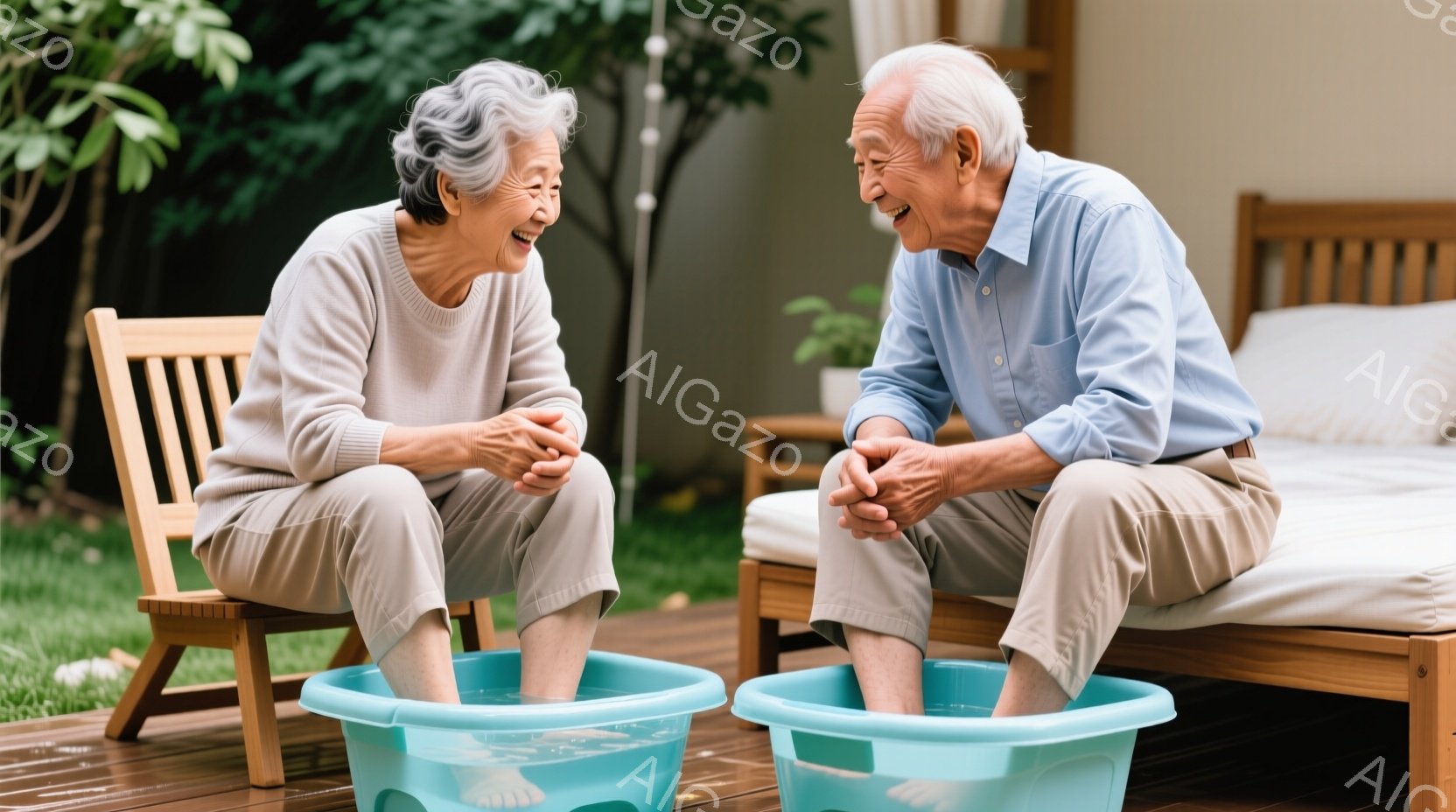 白髪の老夫婦が、庭のウッドデッキで足湯を楽しんでいる様子が写っている。女性はベージュのセーターとパンツを着用し、男性は水色のシャツとベージュのパンツを着用しており、共に笑顔で顔を見合わせている。背景に - AI生成フリー素材