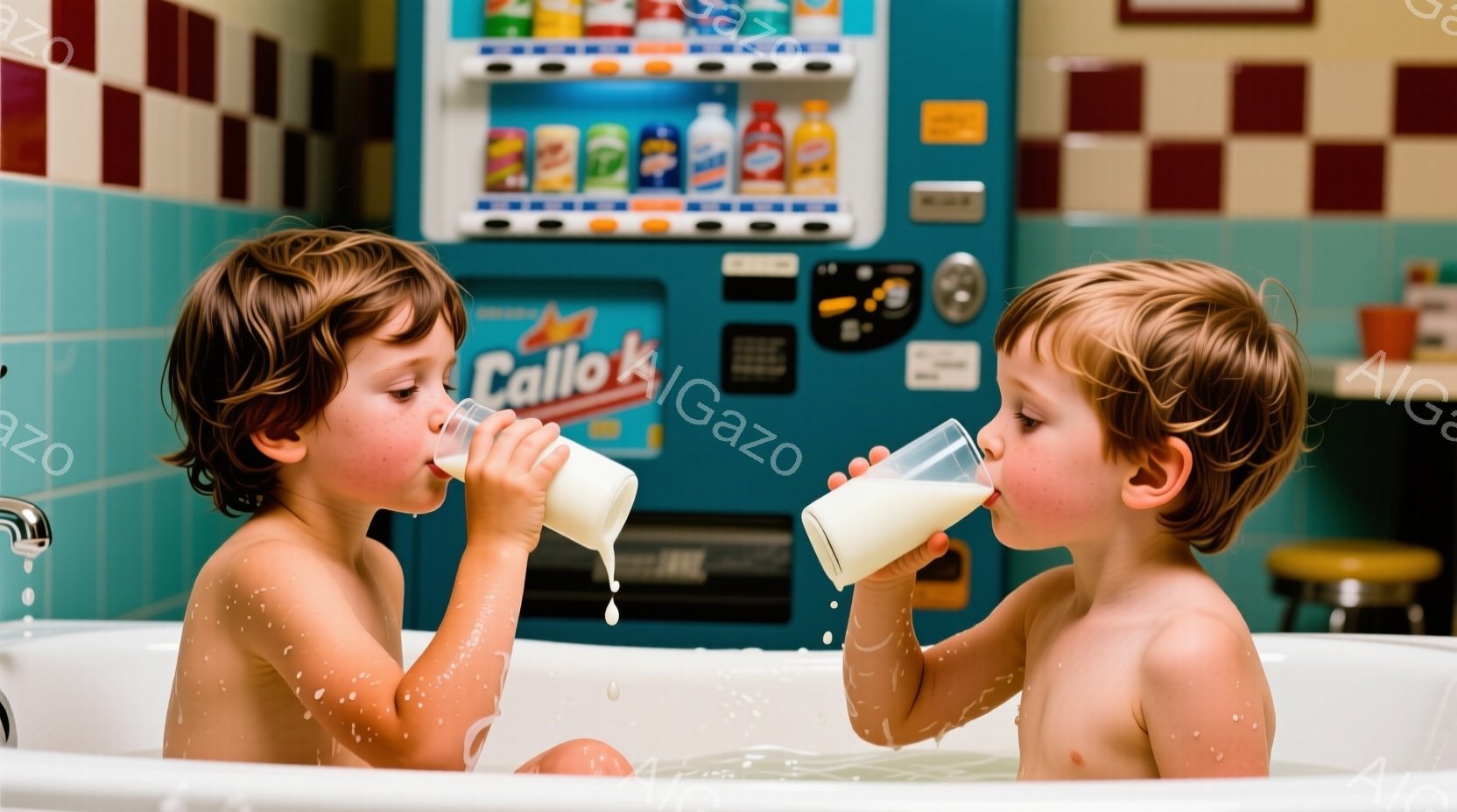 二人の幼い少年が、泡風呂の中でそれぞれ牛乳入りのコップを口元に近づけている。彼らは裸で、茶色の巻き毛の髪を持ち、真剣な表情で牛乳を飲むことに集中している。背景には、カラフルな牛乳パックが並んだ棚と、水色の壁があり、全体的に遊び心があり、温かい雰囲気である。