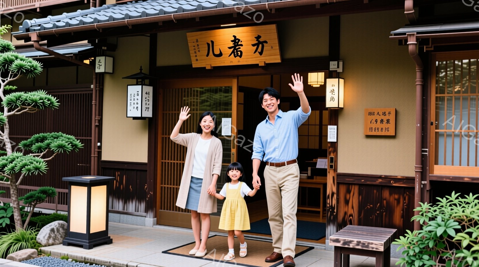 笑顔の女性と男性、そして幼い女の子が、伝統的な日本の家屋の入り口で立っています。女性はベージュ色のワンピース、男性は薄い茶色のパンツと青いシャツを着ており、それぞれが手を振って微笑んでいます。背景には、整った庭園と提灯があり、晴天の下、温かく歓迎的な雰囲気が漂っています。