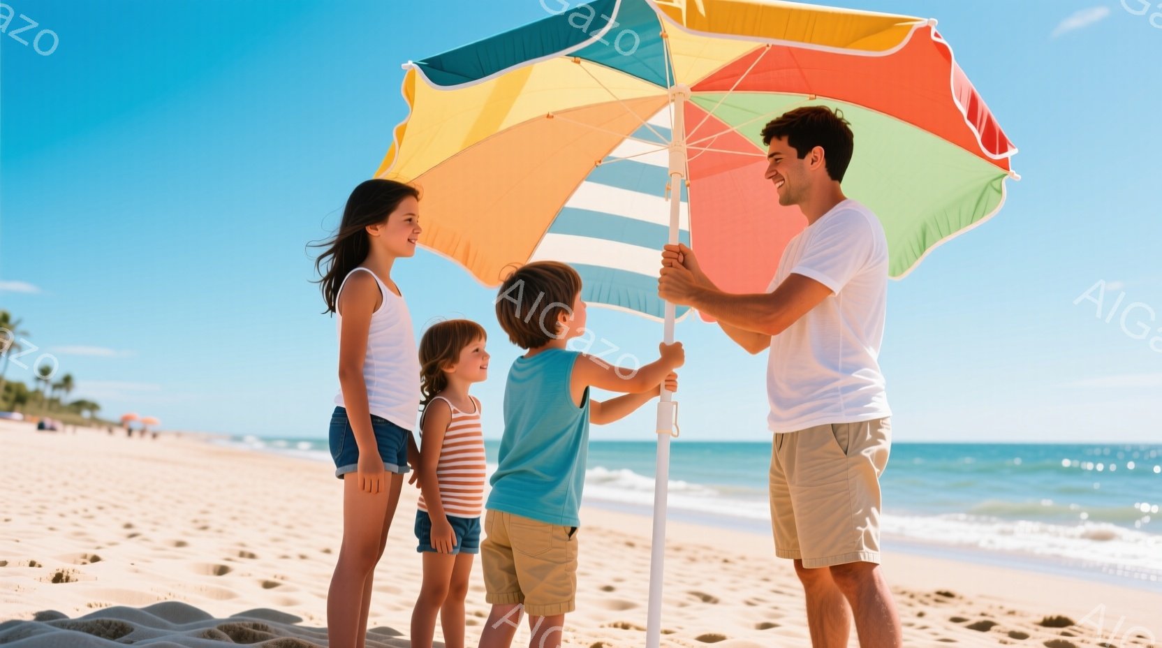 砂浜で、父親がカラフルなストライプのパラソルを立てている。長男と長女は父親を見上げ、パラソルに手を伸ばしている。背景には青い海と空、そして遠くにはヤシの木が見え、晴れた日の家族の幸せなひとときを捉えている。