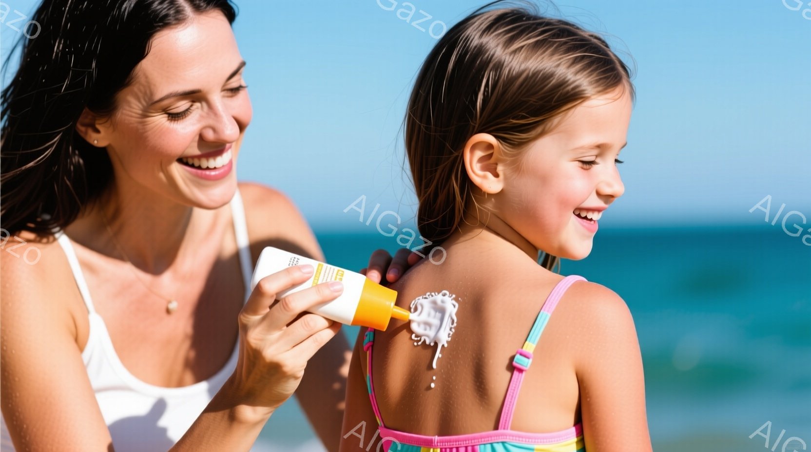 日焼け止めを塗る母親と娘が写っています。母親は白いタンクトップを着て笑顔を見せており、娘はカラフルな水着を着て、背中に日焼け止めを塗られています。背景には青い海と空が広がり、晴れた日のビーチでリラックスした雰囲気が漂っています。