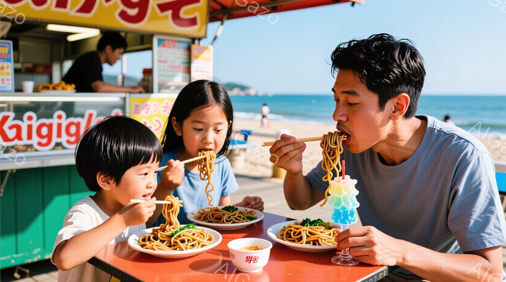 浜辺の屋台で、幼い男の子と女の子、そして大人が麺類を食べている様子が写っている。子供たちは前髪を軽くカールさせたヘアスタイルで、笑顔で麺をすすっている。背景には青い海と空、そして屋台のカラフルな装飾が見え、夏らしい活気のある雰囲気が漂っている。