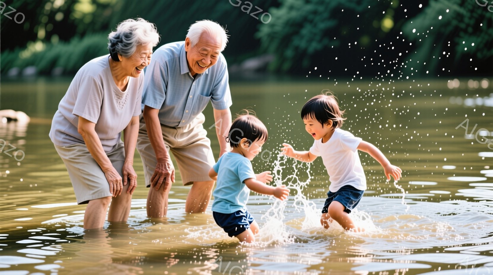白髪の老夫婦が、水しぶきを上げながら走る二人の幼い子供たちを見守っています。老夫婦はそれぞれ明るい色のシャツと短パンを着用しており、笑顔で子供たちを見つめています。背景には緑豊かな木々が生い茂り、水面には太陽の光が反射し、暖かく穏やかな雰囲気が漂っています。