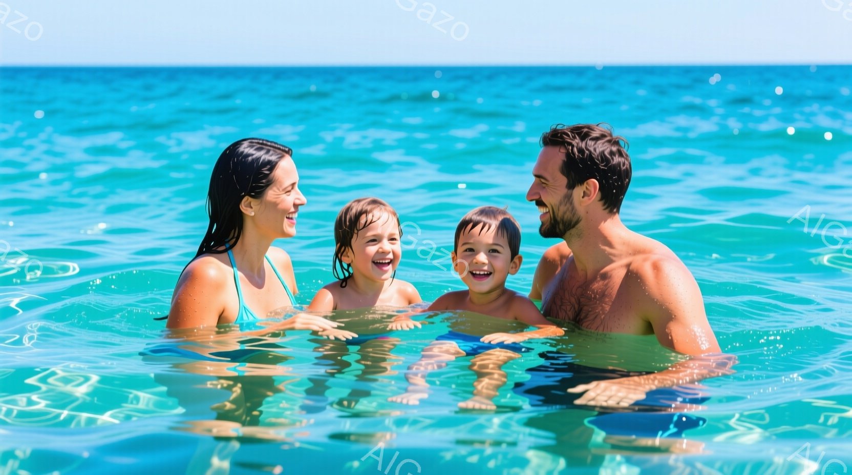 ターコイズブルーの海の中で、笑顔の女性と二人の子供が写っている。女性は水色のビキニを着ており、髪を後ろで束ねている。子供たちは上半身裸で、水中で笑いながら楽しんでいる様子が伺える。 - AI生成フリー素材