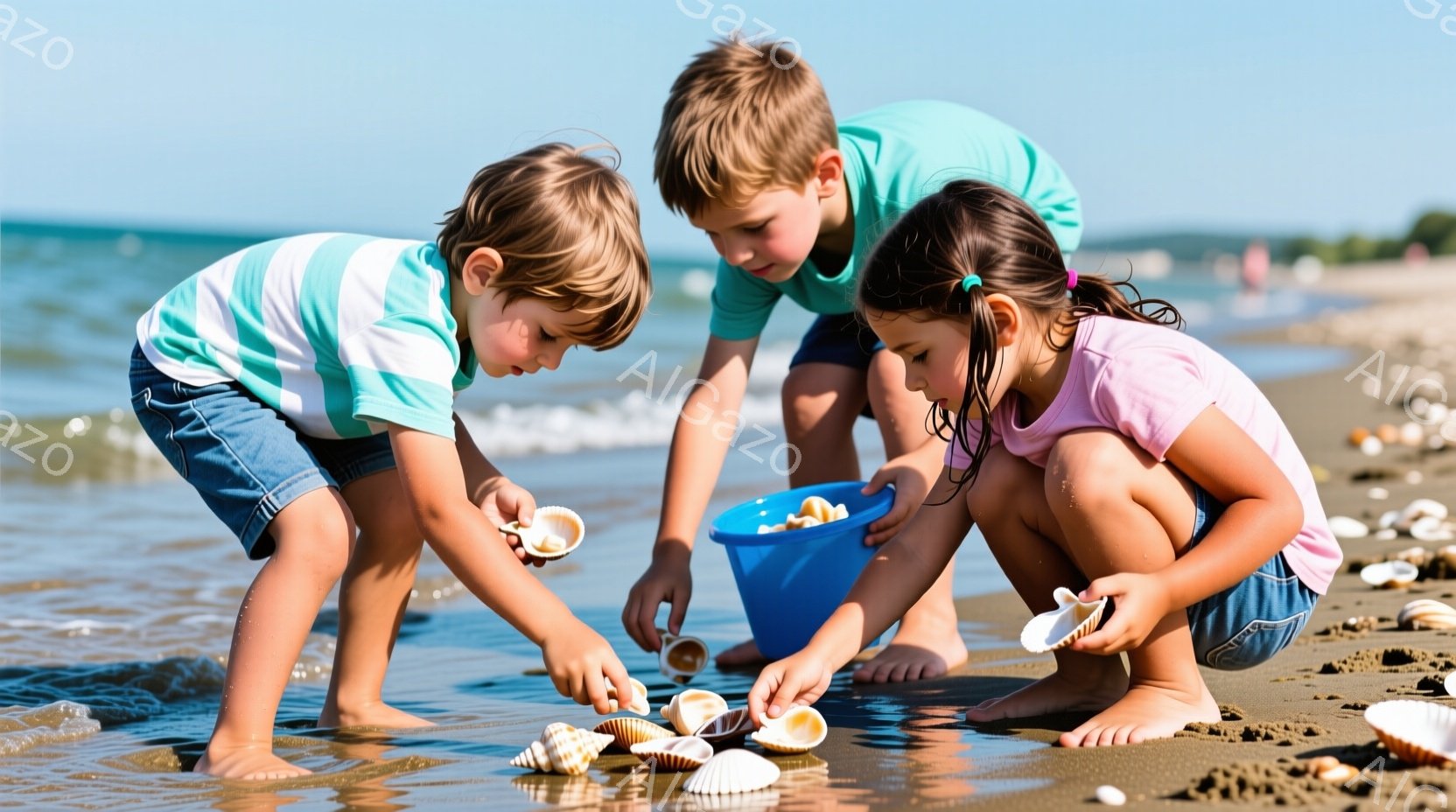 砂浜で二人の少年と一人の少女が貝殻を拾っています。少年は水色の縞模様のシャツとジーンズ、少女はピンク色のシャツを着ており、それぞれ膝をついて水際に集中しています。背景には穏やかな海が広がり、晴れた空の下、子供たちは楽しそうに貝殻を拾い集めています。