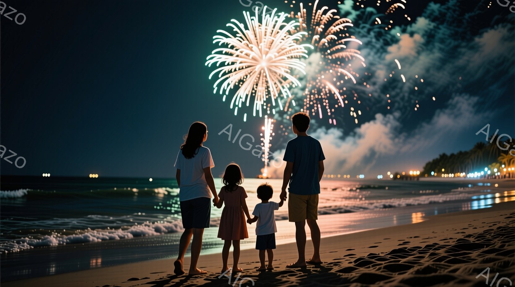 砂浜に立つ家族が描かれています。母親はロングヘアで白いワンピースを着ており、父親は青いシャツを着ています。二人の子供は母親と父親の手を繋いでおり、皆ビーチの海に向かって立っています。背景には夜空に打ち - AI生成フリー素材