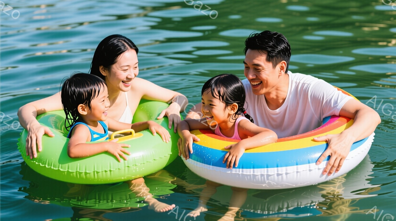 親子四人が水中で浮き輪に乗って楽しんでいます。母親は緑色の浮き輪に乗り、娘は虹色の浮き輪に乗っており、皆笑顔でリラックスした様子です。背景は穏やかな水面で、天気は晴れで、全体的に温かく幸せな雰囲気です。