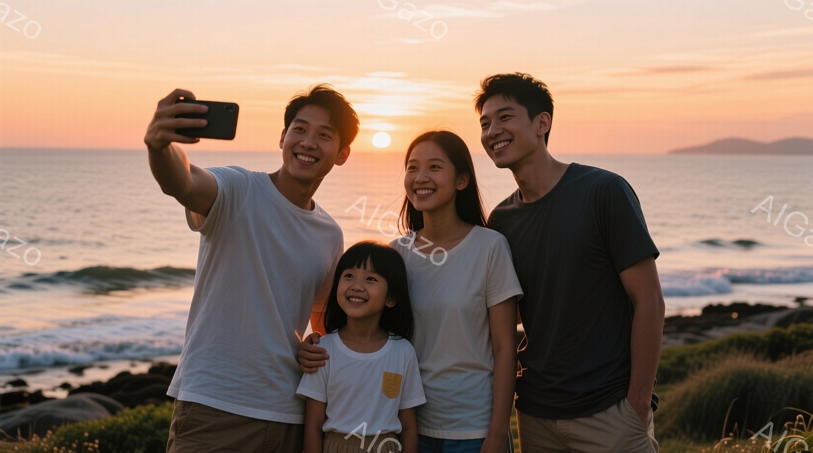海岸で、若い女性と男性、そして幼い女の子の３人がセルフィーを撮っている様子が写っています。女性と男性は白いTシャツを着ており、女の子も同様の白いTシャツとベージュのスカートを着用しています。背景には穏やかな海と夕焼けのオレンジ色の空が広がり、温かく幸せな雰囲気が漂っています。