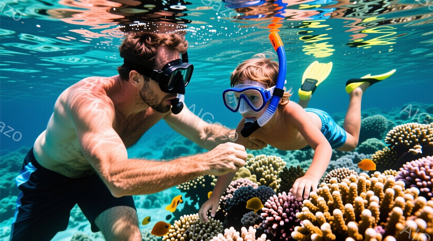 浅い海中で、父親と息子がシュノーケリングを楽しんでいます。父親は黒い水着を着用し、息子は青い水着を着用し、共にシュノーケルマスクとフィンを付けています。背景にはカラフルなサンゴ礁と小魚が見られ、穏やかで明るい雰囲気です。