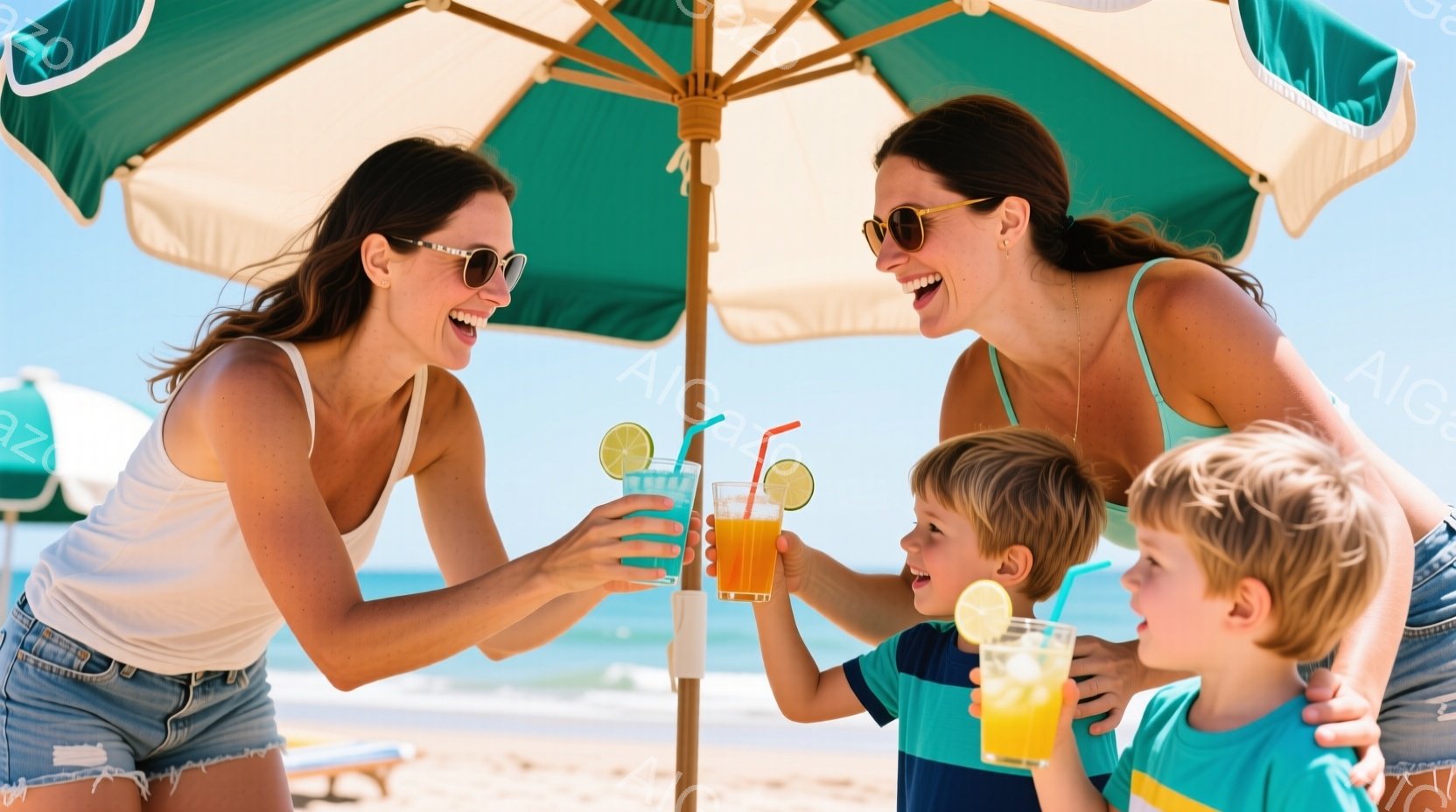 二人の女性と二人の少年がビーチで楽しそうに過ごしている写真です。女性たちはタンクトップとデニムのショートパンツを着ており、髪を後ろで結んでいます。少年たちはそれぞれオレンジジュースを持っており、全員が - AI生成フリー素材