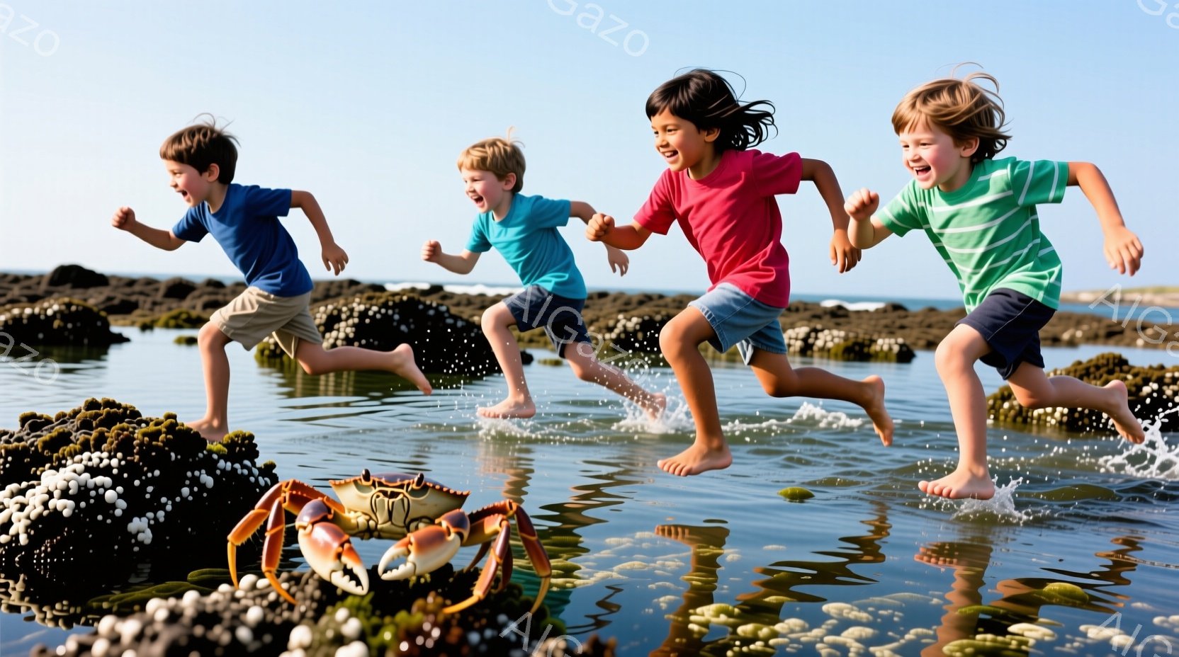 4人の子供たちが水しぶきを上げながら浜辺を走っている。彼らはそれぞれ明るい色のTシャツと短パンを着ており、髪は風になびいている。背景には岩場と穏やかな海が広がり、晴れた空が子供たちの活発な様子を際立たせている。