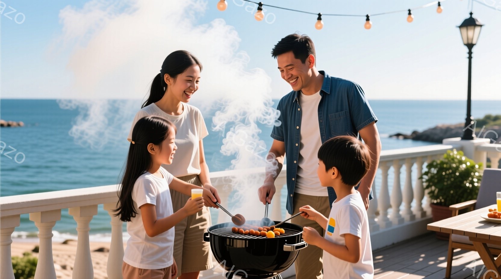 海を見下ろすバルコニーで、若い女性と少年がバーベキューを楽しんでいる様子が描かれている。女性は白いTシャツとベージュのショートパンツを着ており、長い黒髪を肩から下ろしている。少年は青いTシャツを着て、何かを焼いている様子で、満面の笑みを浮かべており、バルコニーにはパラソルとテーブル、そして背後には青い海と穏やかな空が広がっている。