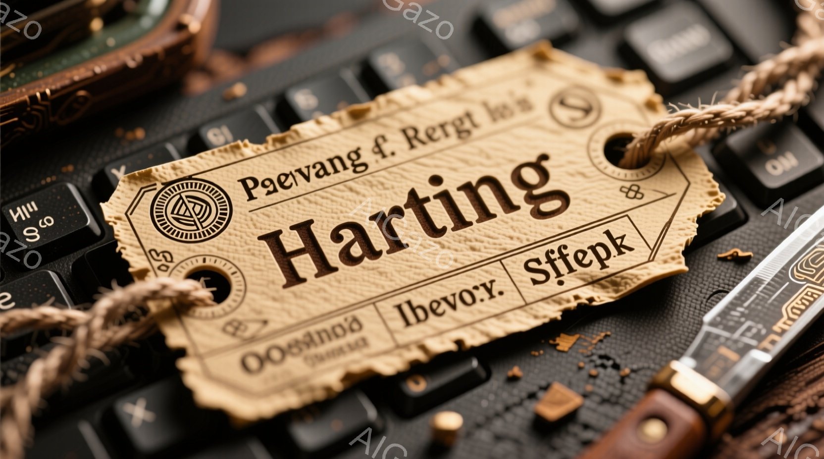 古びた紙のタグが、黒いキーボードの上に乗せられています。タグには「Harting」という文字が大きく書かれており、その周囲には細かな装飾や別の文字、ロゴが描かれています。背景には、複雑な機械部品や、革製のアイテムの一部が見え、全体としてアンティークまたは産業的な雰囲気を醸し出しています。