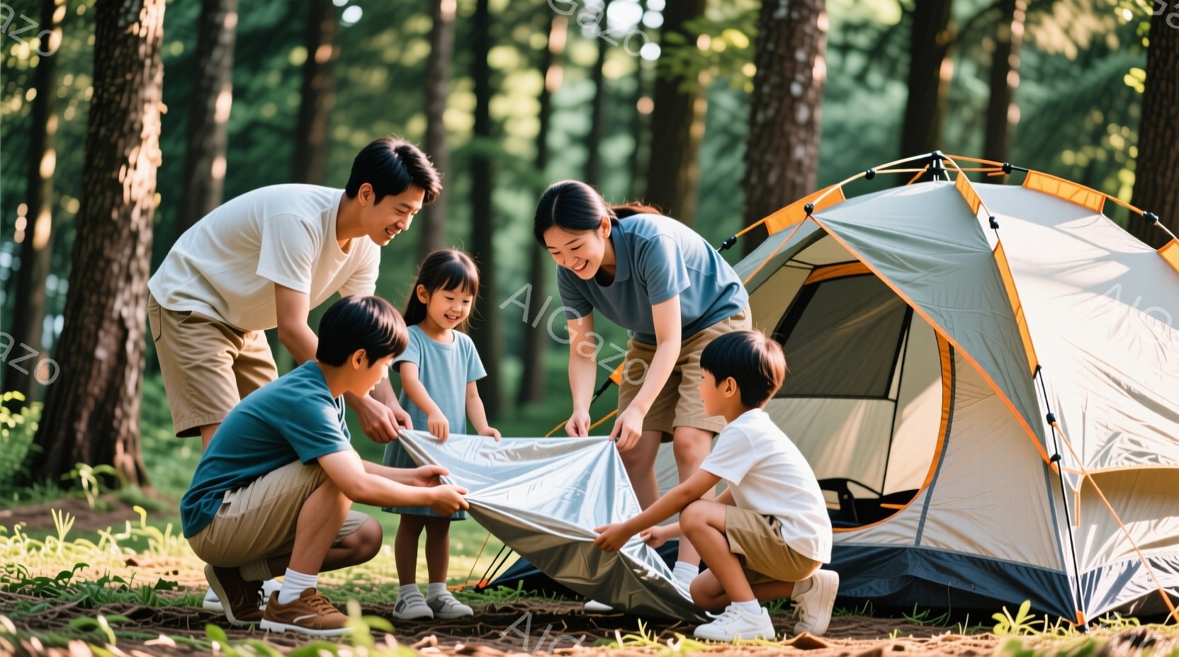 親と子供たちが、キャンプ場の前で、新しい家を作っています。親は、子供たちに手伝われるように協力的なポーズで立ち上がり、大きな笑顔を浮かべています。周囲は美しい森で、明るく晴れた日であり、温かみと親切な雰囲気が漂っています。