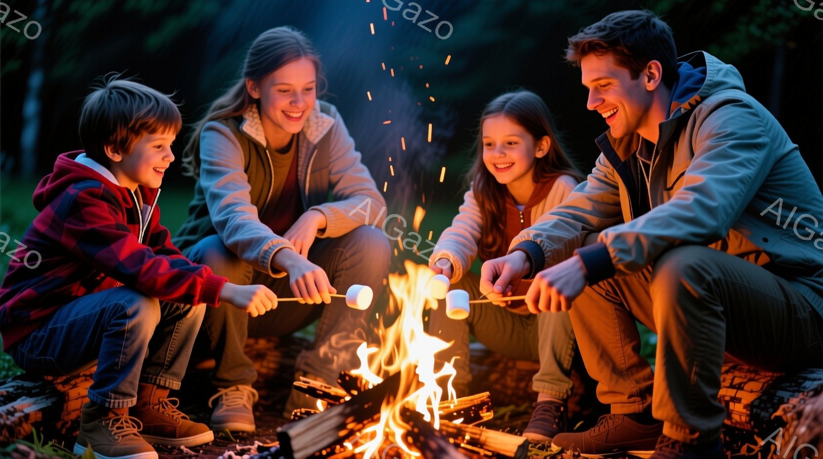 暖炉を囲んでマシュマロを焼く家族が写っている。母親はロングヘアで笑顔、息子は赤いジャケットを着て、娘は茶色のジャケットを着ている。背景は暗い森で、暖炉の炎が家族を照らし、温かく幸せな雰囲気を醸し出している。