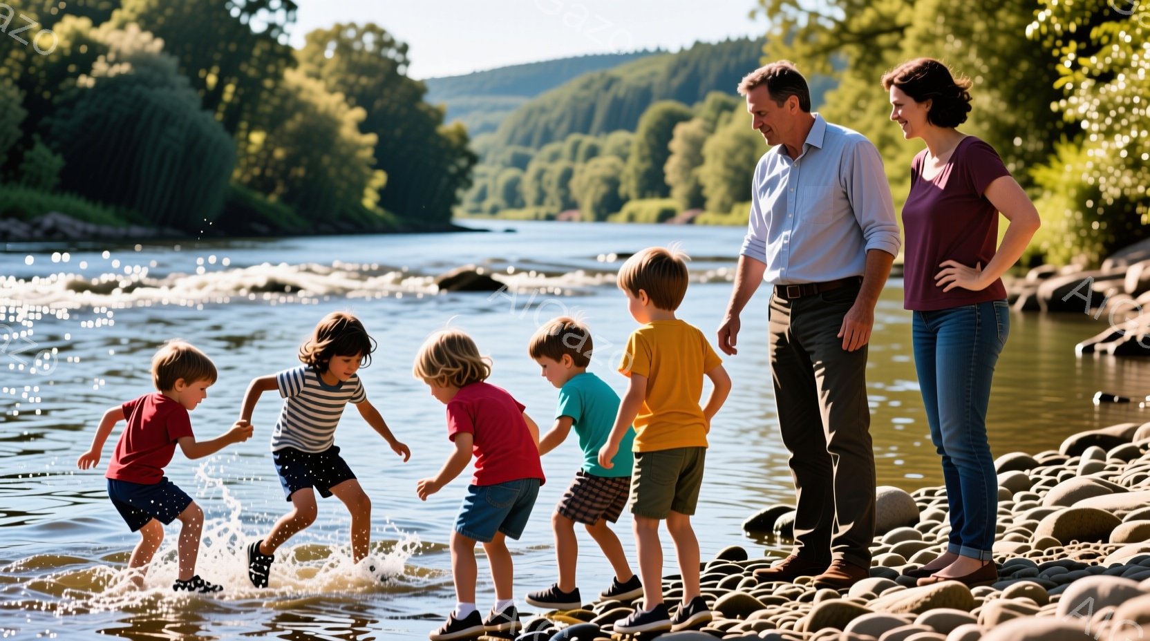 川岸の丸い石の上で、赤いシャツと短パンを着た男の子たちが水しぶきを上げながら走り回っています。背景には緑豊かな木々が生い茂り、晴天の下、明るい日差しが差し込んでいます。そばには、ジーンズと赤紫色のトップスを着た両親が、子供たちの様子を優しく見守っています。