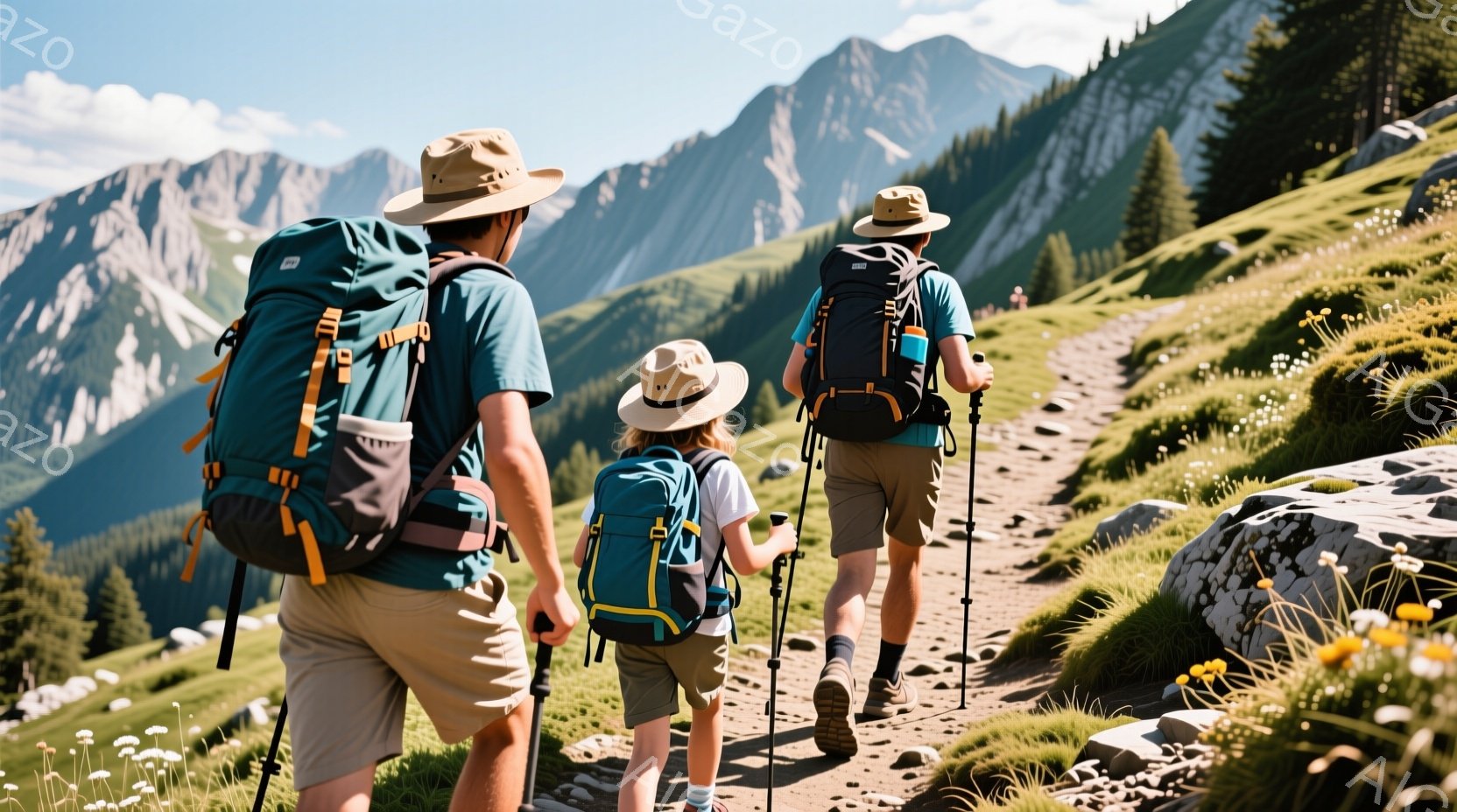 登山道を歩く父と息子が写っている。３人は皆、青いバックパックと帽子を身に着け、ショートパンツ姿でトレッキングポールを使って歩いている。背景には険しい山々が広がり、緑豊かな草地には黄色い花が咲き、晴天の下、爽やかな雰囲気である。