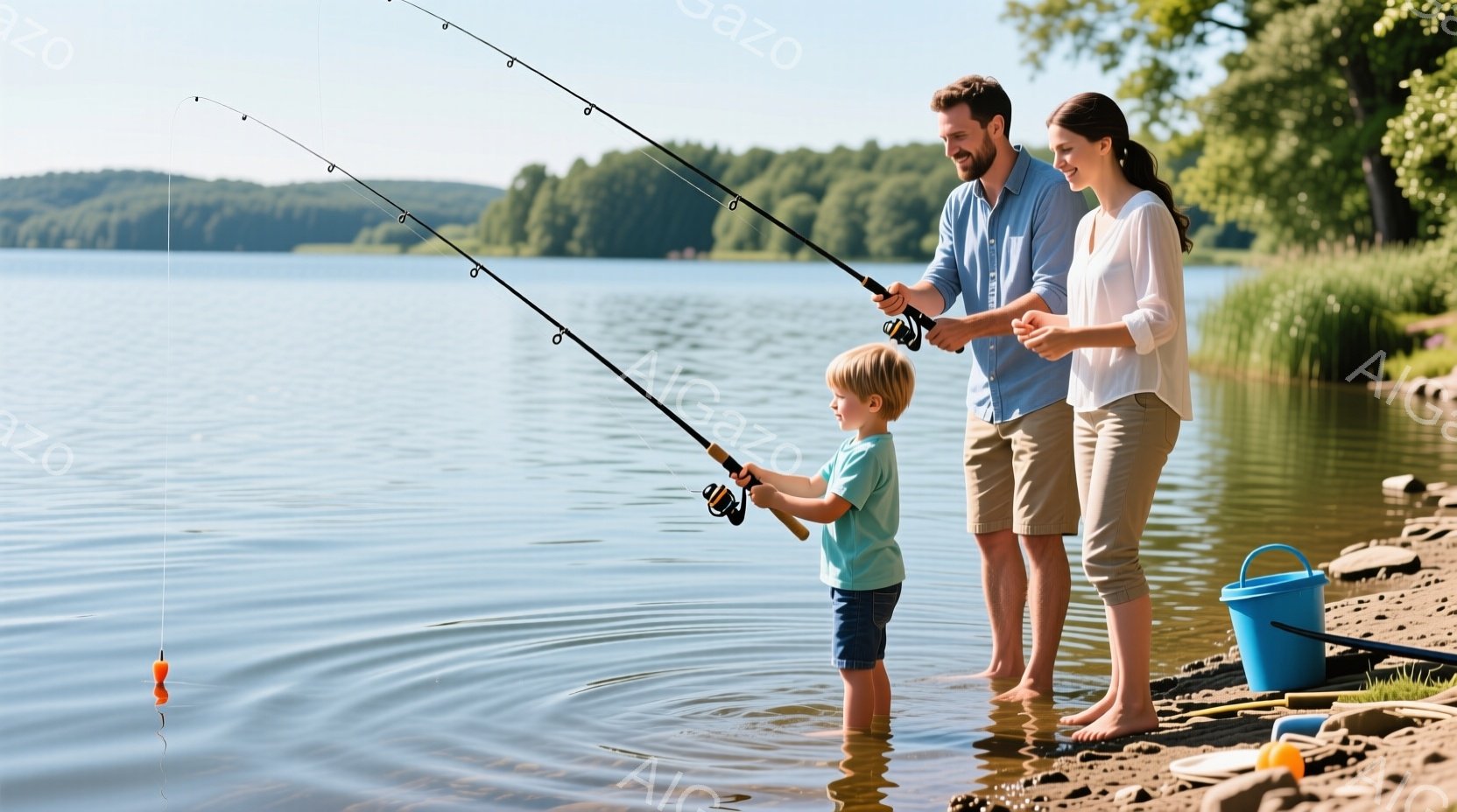 小さな男の子と父親が湖で釣りを楽しんでいます。男の子は青いTシャツと短パン姿で、父親はデニムシャツとベージュの短パンを着用しており、共に釣り竿を握っています。背景には緑豊かな木々と穏やかな湖が広がり、晴天の下、家族の温かい雰囲気が漂っています。