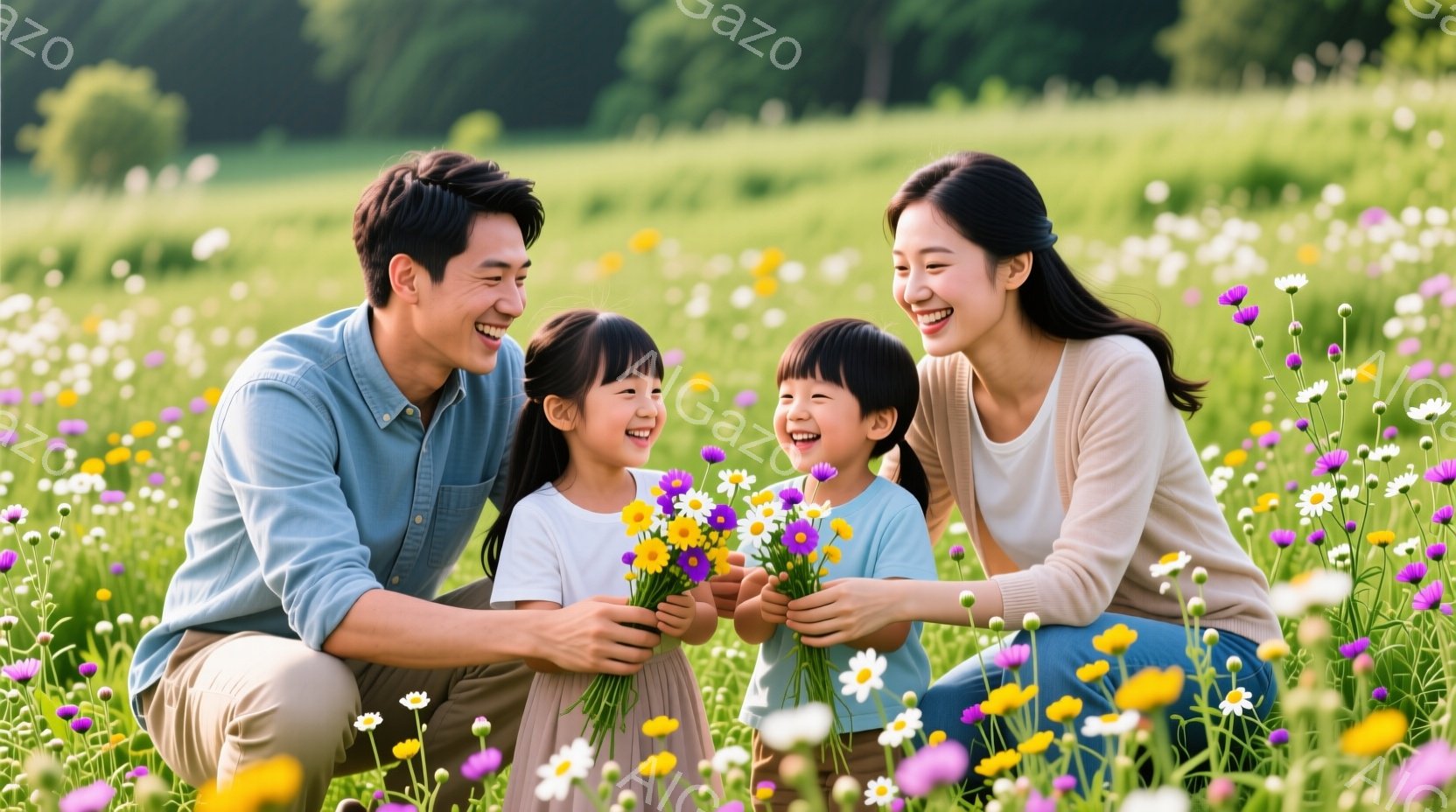満開の花畑で、両親と二人の幼い女の子が笑顔で花束を分け合っています。父親は水色のシャツにベージュ色のズボン、母親は薄いピンク色の長袖シャツを着ています。二人の女の子はそれぞれ白と水色のTシャツを着てお - AI生成フリー素材