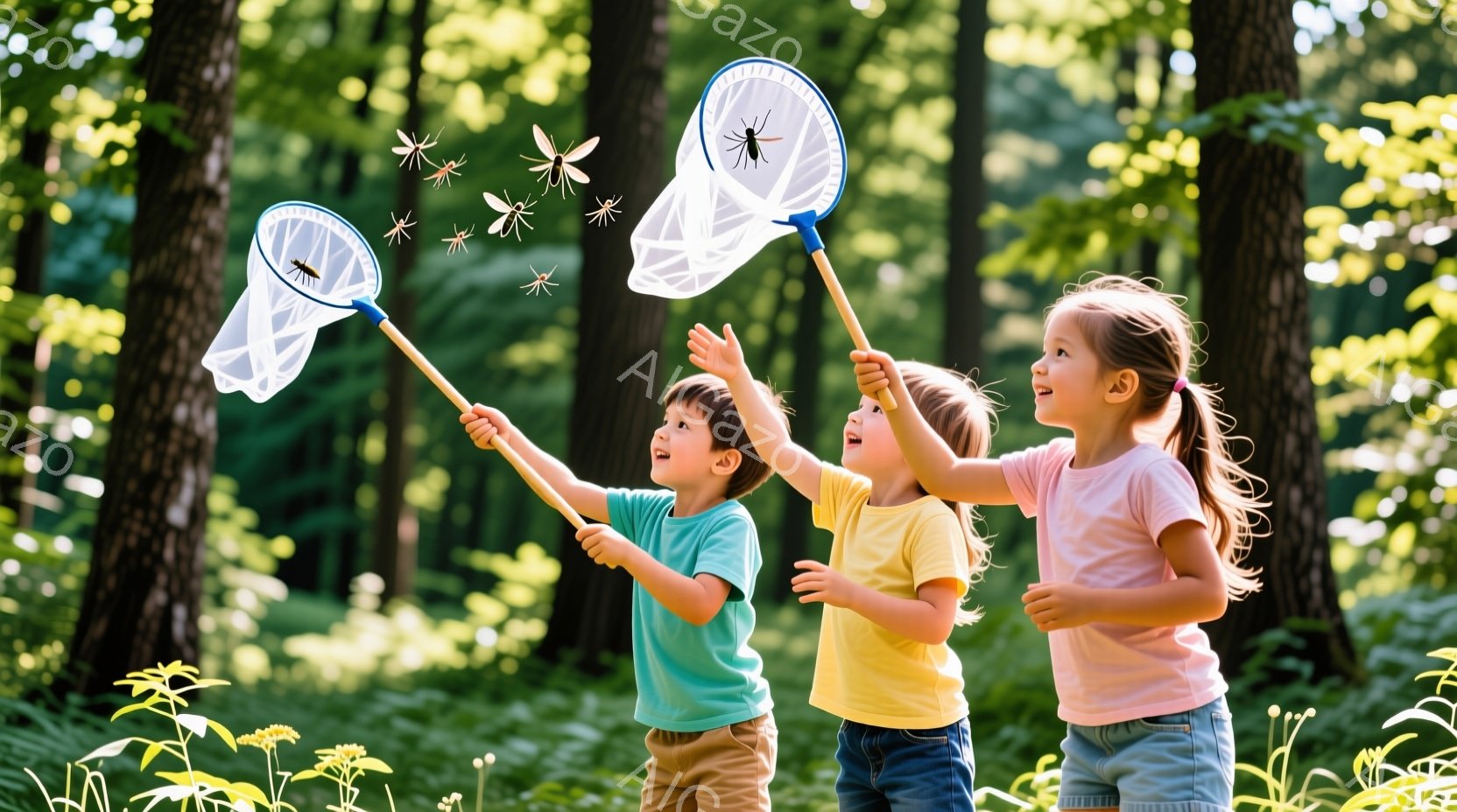 三人の子供たちは、緑豊かな森の中で、昆虫採集網を高く上げて蝶を追いかけている。青いシャツとカーキ色のズボンを着た男の子、黄色いシャツを着た男の子、ピンクのシャツとデニムのショートパンツを着た女の子は、皆笑顔で空を見上げている。背景には緑の葉が生い茂り、太陽の光が差し込み、活気に満ちた夏の日の雰囲気を醸し出している。