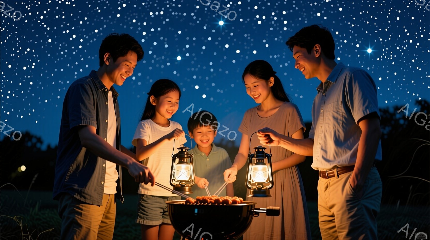 家族が夜のバーベキューを楽しんでいる様子が描かれています。父親と母親はキャンドルランタンを持って微笑んでおり、二人の娘はバーベキューグリルを囲んで、楽しそうに料理を見守っています。背景は暗く、星空が広がり、自然の中で温かく幸せな雰囲気が漂っています。