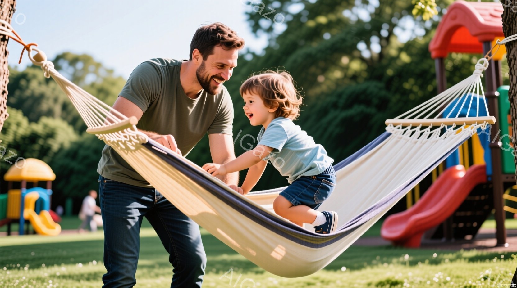 芝生の上にハンモックが張られ、若い男性と幼い男の子が楽しそうに遊んでいます。男性は緑色のTシャツとジーンズ姿で、男の子は水色のシャツとデニムのショートパンツを着ており、ともに笑顔でハンモックの中で遊んでいます。背景にはカラフルな遊具や緑豊かな木々が見え、晴れた日の公園の穏やかで幸せな雰囲気が伝わってきます。