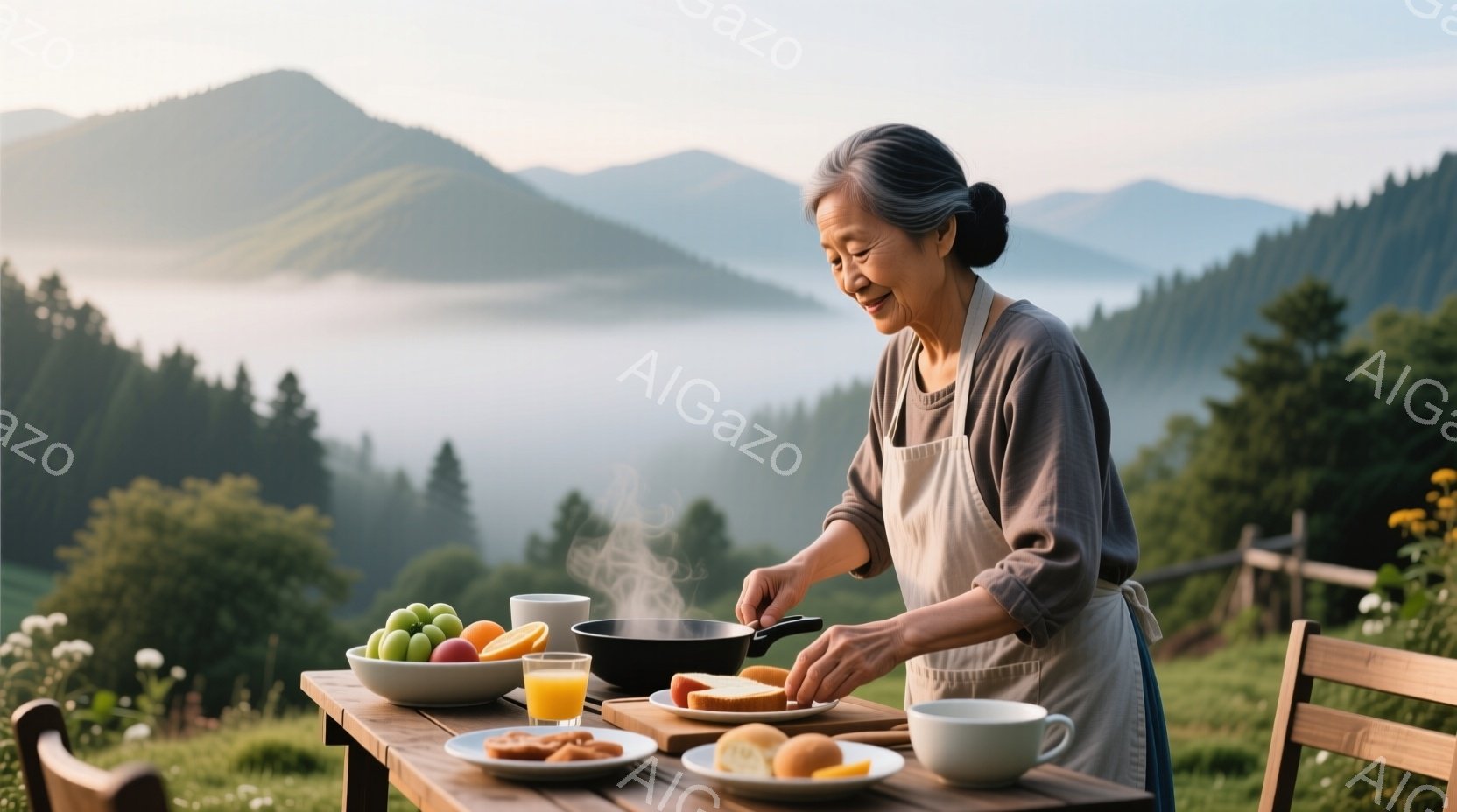 白髪を後ろでまとめた女性が、庭のテーブルで朝食を作っている。彼女は薄い灰色のエプロンとセーターを着ており、穏やかな笑顔を浮かべている。背景には緑豊かな山々と霧が広がり、心地よい朝の雰囲気が漂っている。