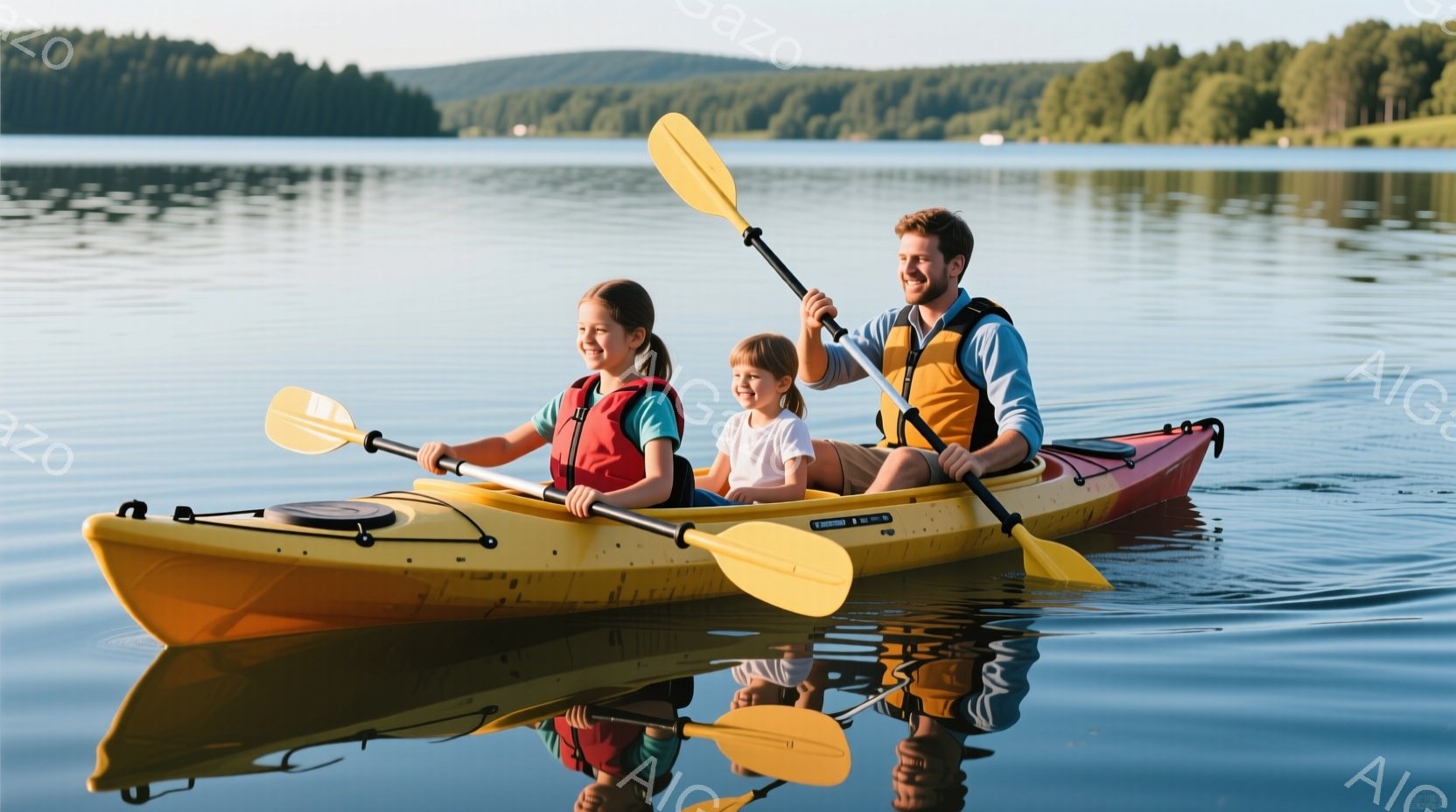 カヤックに乗った家族が水面を滑るように進んでいる。若い女の子と父親はオレンジ色のライフジャケットを着用し、それぞれパドルを持って漕いでいる。背景には緑豊かな森林と穏やかな水面が広がり、晴れた空が家族を明るく照らし、平和で楽しい雰囲気を醸し出している。