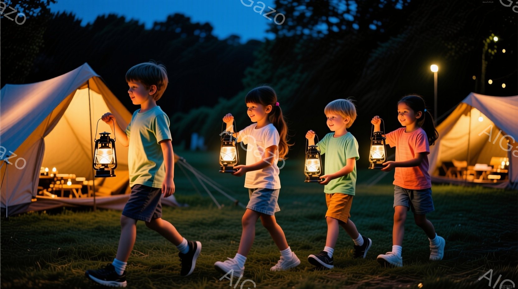 4人の子供たちが、それぞれ手に提灯を持って、キャンプ場を歩いている。子供たちは皆、薄い緑色のTシャツに短いズボン、白い靴下とスニーカーを履いており、髪は短く切られているか、ポニーテールに結ばれている。 - AI生成フリー素材