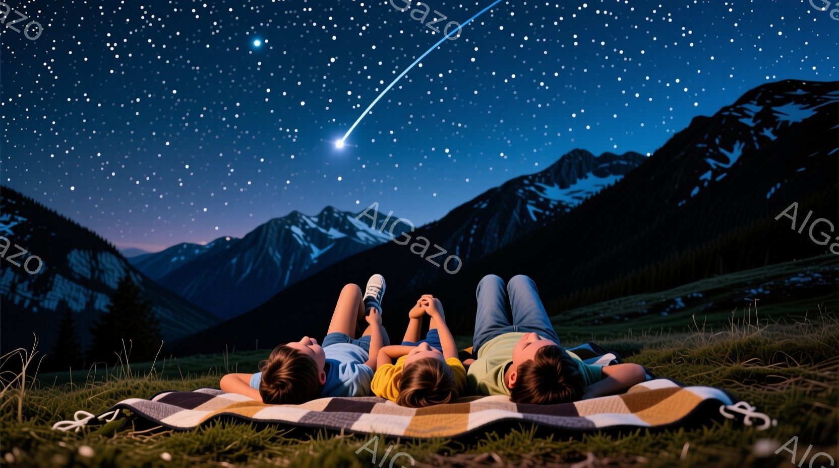 ３人の子供たちが、星空の下で毛布の上に横たわっています。彼らはそれぞれ異なる色の服装で、リラックスした様子で空を見上げています。背景には、暗くそびえ立つ山々と、無数の星と流れ星が広がり、静かで幻想的な雰囲気を醸し出しています。