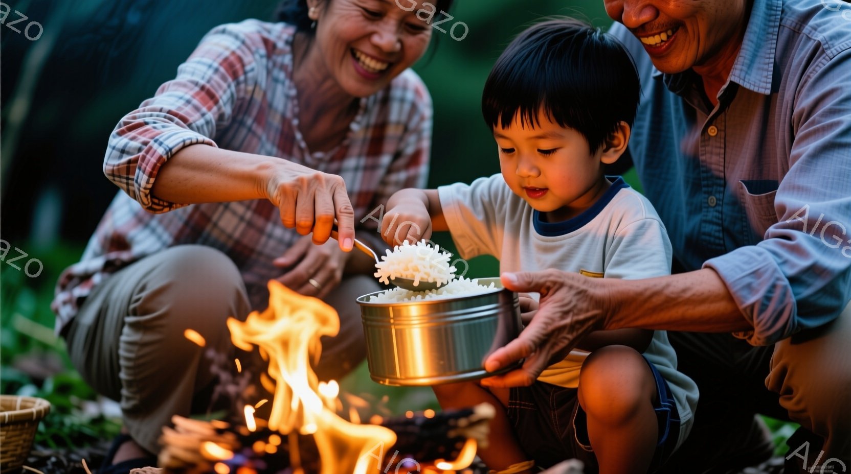 少年は、金属製のボウルにご飯をよそってもらっています。彼の母親はチェック柄のシャツを着て笑顔で彼を見つめており、父親は横で優しく手を添えています。背景には焚き火があり、緑豊かな自然の中で温かい家族の時間が表現されています。