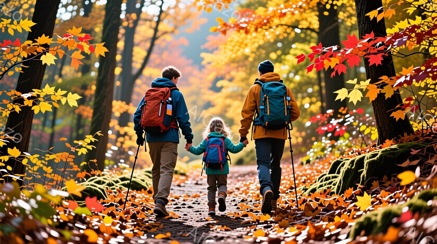 オレンジと赤色の落ち葉が敷き詰められた森の中を、大人と子供が手をつないで歩いている。大人は紺色の帽子とオレンジ色のジャケット、子供は明るい色のジャケットと帽子を着用し、それぞれ背中にバックパックを背負 - AI生成フリー素材