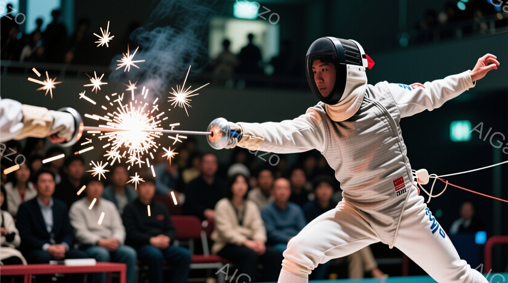 競技者は白いフェンシングスーツとプロテクターを着用し、剣を構えて攻撃姿勢をとっています。背景には観客席が広がり、赤い椅子が並んでいます。剣が衝突した瞬間の閃光が捉えられ、競技の緊迫感と躍動感を強調しています。