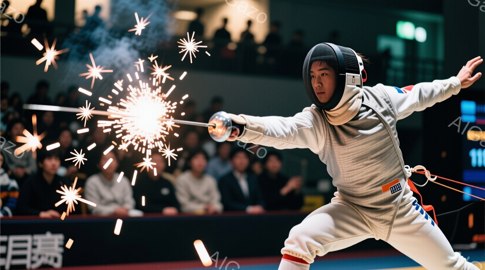 フェンシングの競技者が試合中の瞬間を捉えた写真です。白のフェンシングスーツとマスクを着用し、右手を前に伸ばして剣を構え、左手を後ろに引いてバランスを取っています。背景には観客席とスコアボードが見え、競技場の熱気と緊張感が伝わってきます。