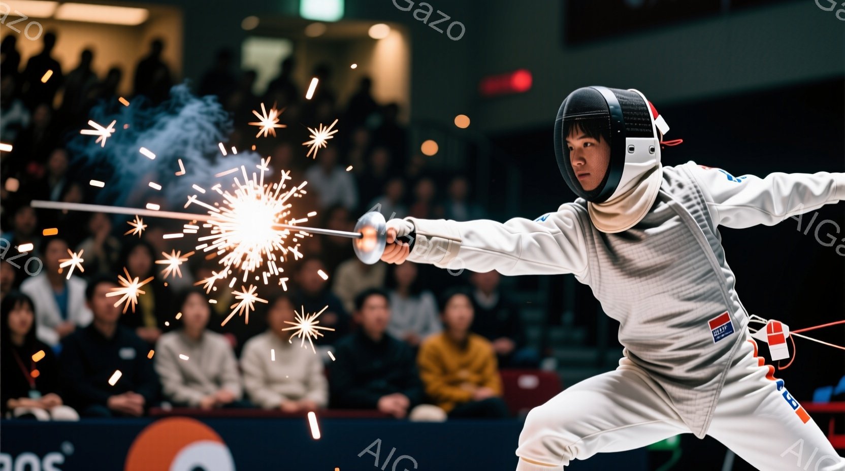 フェンシングの競技者が試合中に攻撃を繰り出している様子が写っている。白のフェンシングスーツにヘルメットとマスクを着用し、集中した表情で構えながら剣を突き出している。背景には観客席が見え、競技場の照明が明るく、白く光る閃光が躍動感を生み出している。