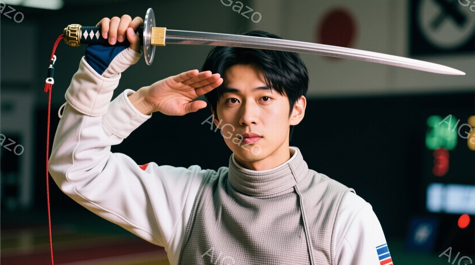 画像はフェンシングの選手が映っており、白、青、赤のストライプが入ったフェンシングスーツを着用しています。彼はフェンシングの剣を高く掲げ、顔には強い決意と集中力が表れています。背景には、スコアボードや観客席が見え、競技場のような屋内空間であることがわかります。