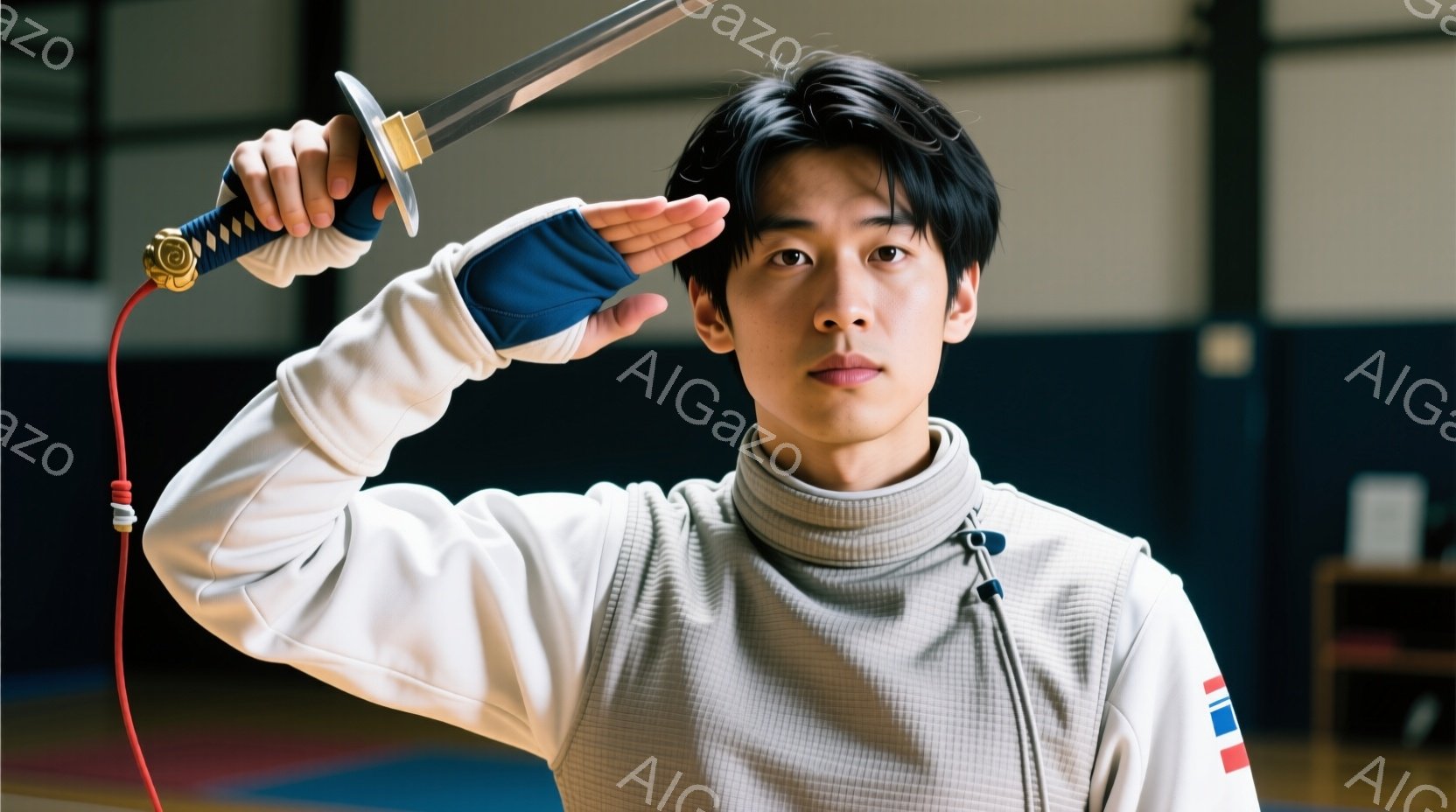 白いフェンシングスーツを着て、片手に竹刀（または木刀）を持っている若い男性が写っています。彼は右手を上げて、何かの敬礼をしているような姿勢で、真剣な表情をしています。背景は体育館のような室内で、床は青く、木製の家具が見え、全体的に真剣で集中した雰囲気が漂っています。