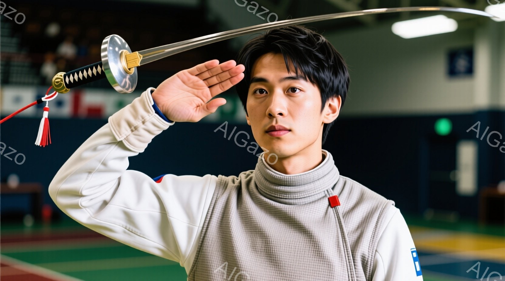 若い男性が剣道着を着用し、刀を高く上げて敬礼の姿勢をとっています。彼は黒髪で、顔には真剣な表情が浮かび、集中している様子が伺えます。背景は体育館のような室内で、床は緑と赤の模様があり、天井には照明が設置されています。