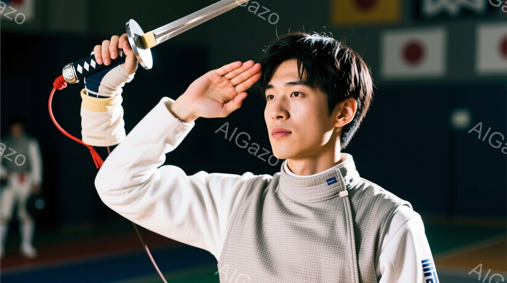 白いフェンシングのユニフォームを着た若い男性が、片手に剣を握り、敬礼の姿勢をとっています。黒髪は短く整えられ、表情は真剣で集中しています。背景には、ぼやけた他のフェンサーと、日本国旗が確認でき、競技会場の室内空間であることがわかります。