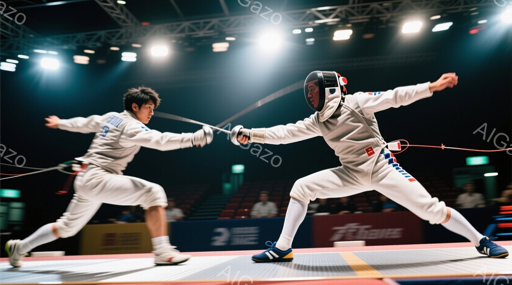 競技場内でフェンシングの試合が行われており、二人の選手が白のユニフォームと防具を身につけ、剣を構えて互いに向かい合っている。選手の一人は髪を短く整え、もう一人はやや長めの髪型で、表情は真剣で緊張感が漂っている。背景には観客席が見え、競技場の照明が明るく照らし出されている。